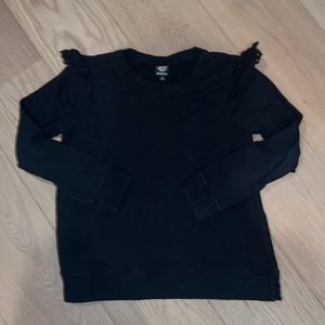 Womens black sweatshirt with eyelet ruffle details at shoulder